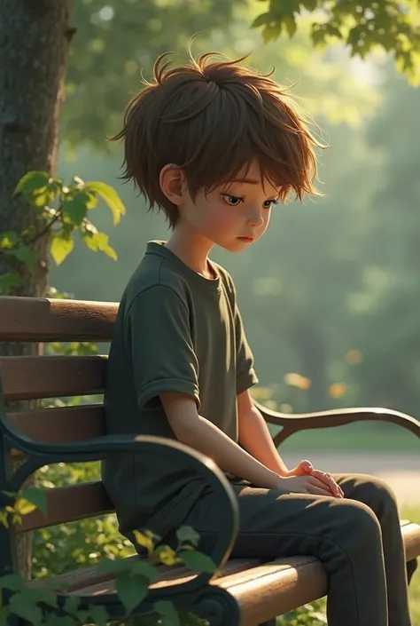 Generate an image of a boy with brown hair sitting on a bench in the park who is sad in 3d