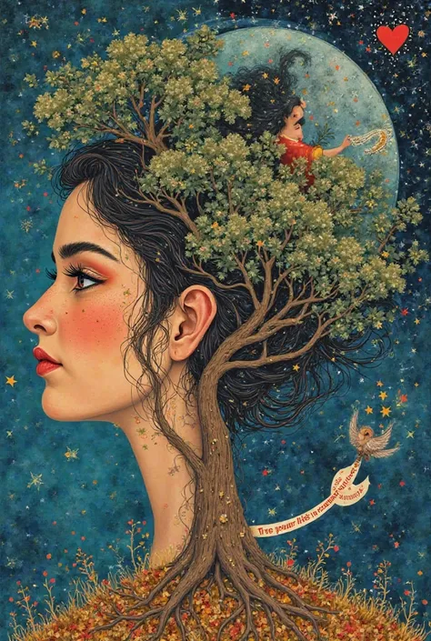 Collage-style art: Zoya’s face merges with the Tree of Wisdom, her hair becoming roots that cradle the kingdom. Rayan’s mirror reflects both light and shadow. Neelak flies through a starry sky, pulling a ribbon of Urdu text: 'حقیقی طاقت ہمدردی میں ہے' (Tru...