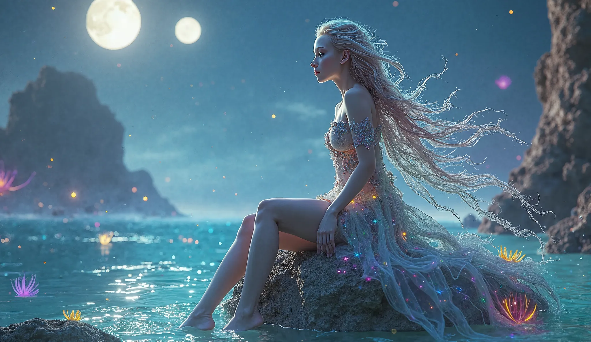 Visualize an alien girl perched gracefully on a floating rock in a vibrant, alien ocean. She has skin that resembles the surface of a pearl, with a soft, iridescent glow. Her hair is long and flowing, resembling strands of liquid metal that catch the light...