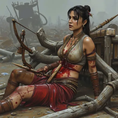 bloodied and mortally wounded female archer in ancient India with  ancient wooden spear plunged deep in the center of her belly , the spear is embedded in her belly, the spear is sticking in her belly. The spear has penetrated her belly. She has been hit b...