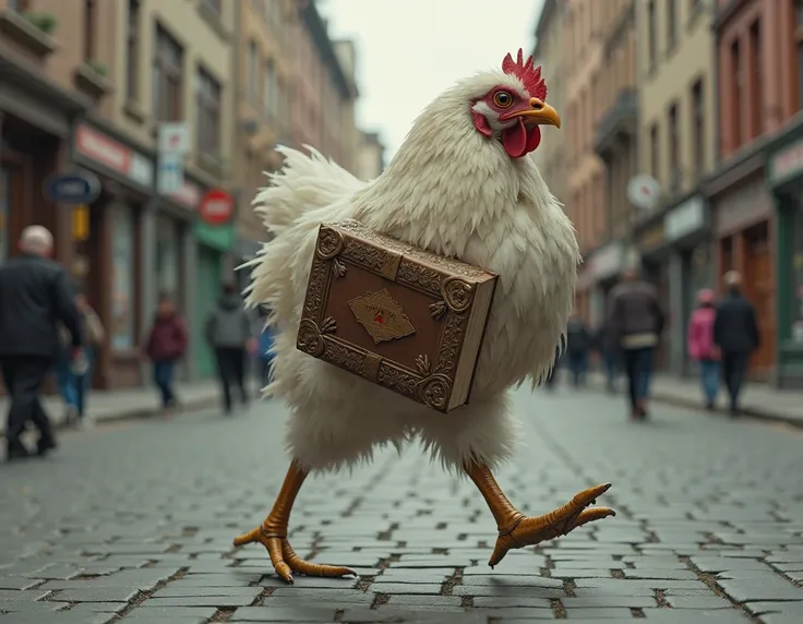 Book with chickens head and humans legs walking on streets