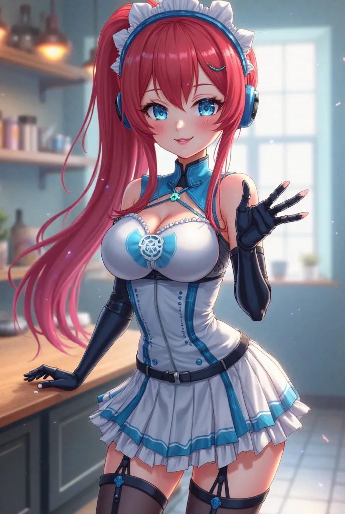 A maid cafe, a sexy anime female robot, scantily clad with gray white robot skin, curvy, robot shoulders, big blue eyes, medium breasts, ((pink cheek dots 1.3)), maid headdress, big smile, long red hair with a single side ponytail, light blush, wearing a s...