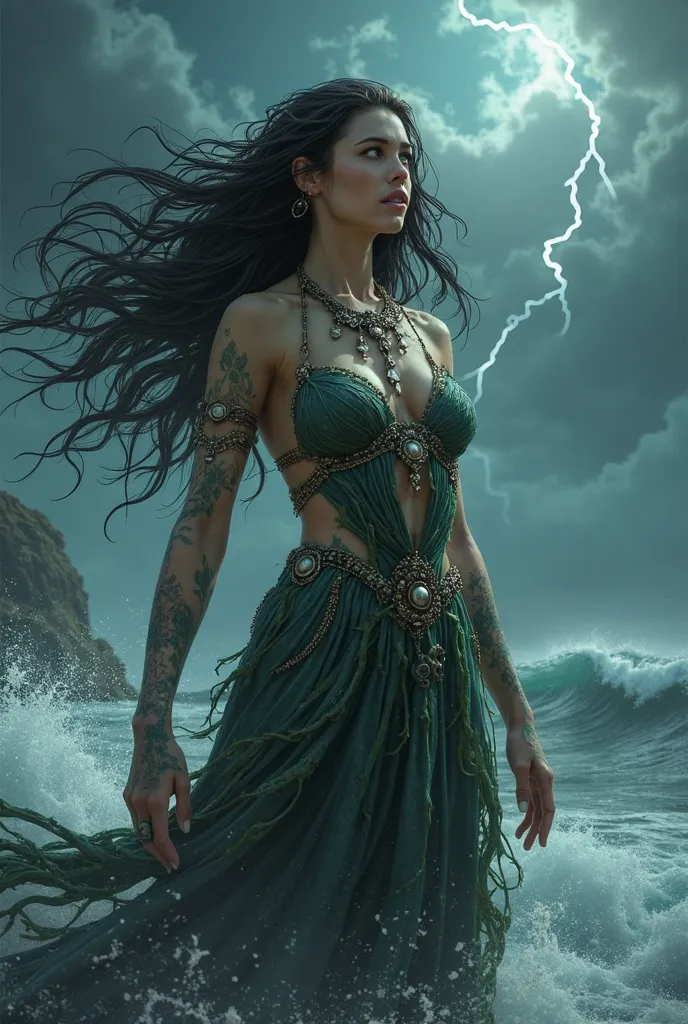 A fearsome yet enchanting Siren goddess with dark, flowing hair that moves as if alive. Her eyes are glowing, almost hypnotic, and her voice seems to carry through the winds. She is adorned in an ancient, tattered gown made of seaweed and shells, with a ne...