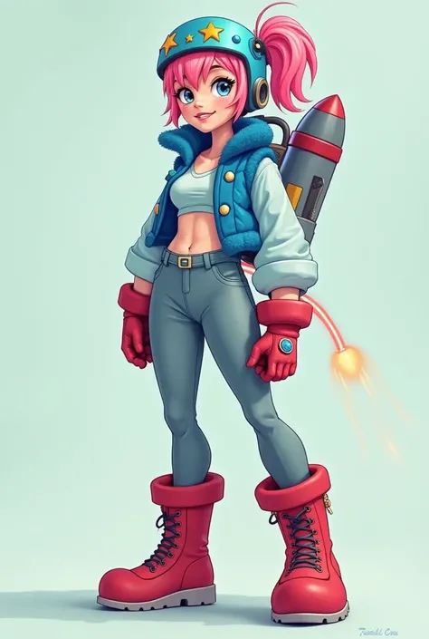 A girl with pink hair tied back , light blue shirt with a blue fuzzy vest open in the middle,A tight gray-blue chortinho , big legs and boobs,red boots and gloves,a blue helmet with stars, jetpack with a cylindrical rocket shape on the back 