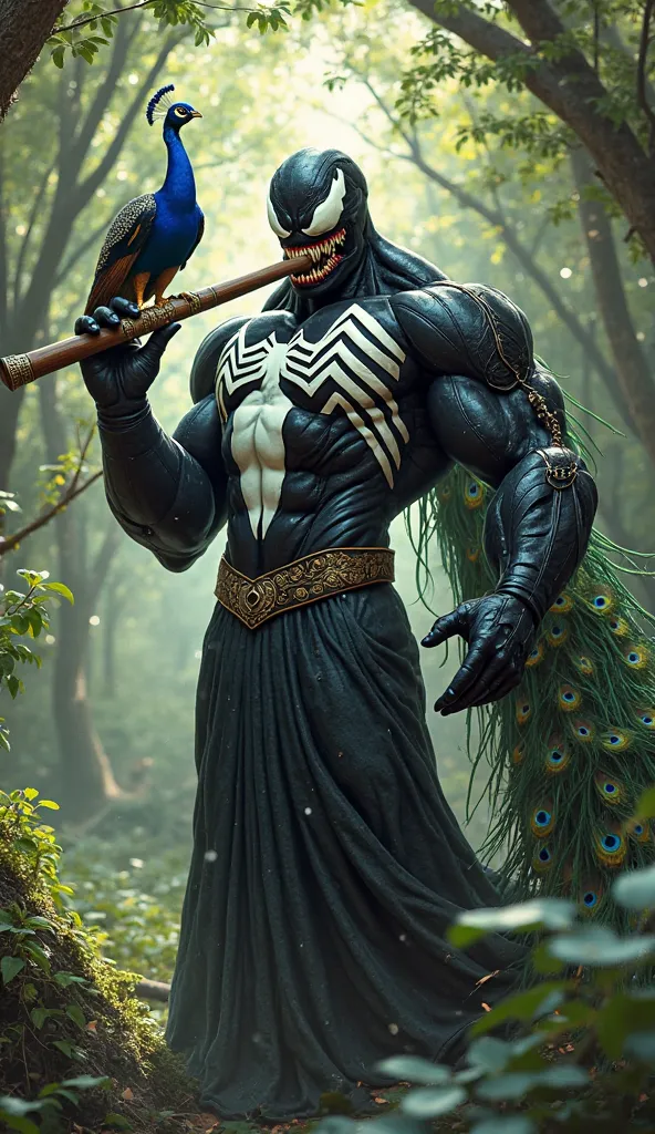 Venom is standing in a forest with a flute in his left hand, a large peacock sitting on his right hand, and the forest behind him.