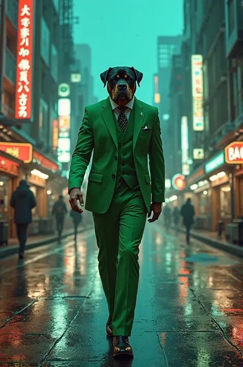 A man with the head of a dog rot willer wearing an elegant bright green suit that reflects light from buildings in Tokyo walking down the wet road on a cold night 