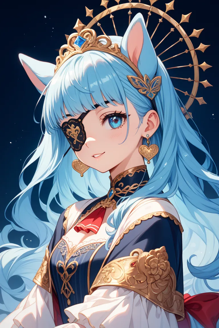 girls　cute　long hair　Lots of earrings 　 has bangs　Blue Hair　front　Eye patch