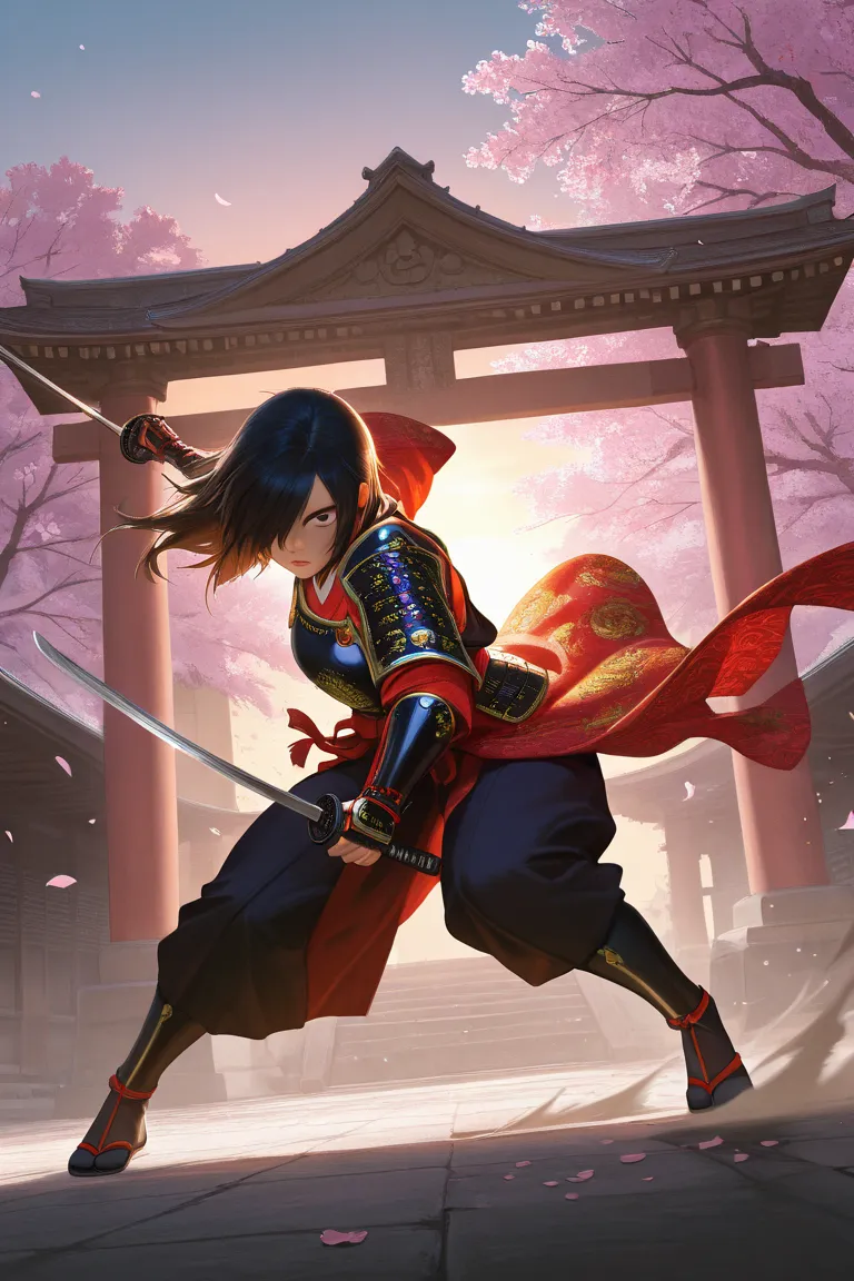 masterpiece, best quality, extremely detailed, samurai woman, dynamic pose, intricate armor, flowing kimono, golden embroidery, katana, battle stance, cherry blossoms, petals falling, wind effects, dramatic lighting, cinematic composition, intense gaze, ha...