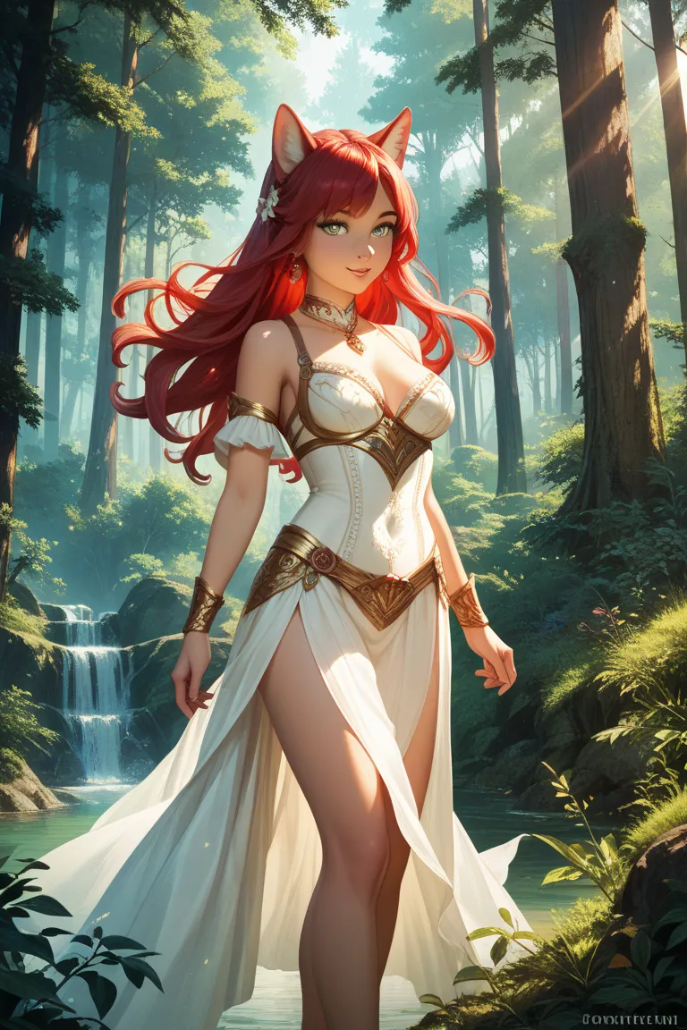 Her hair color is red, she has wolf ears, she is naked, and her legs are M-shaped