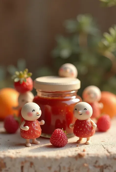 A collection of Tiny Figures representing fruits (Strawberries, apricots, raspberries) stand happily around the jam jar.