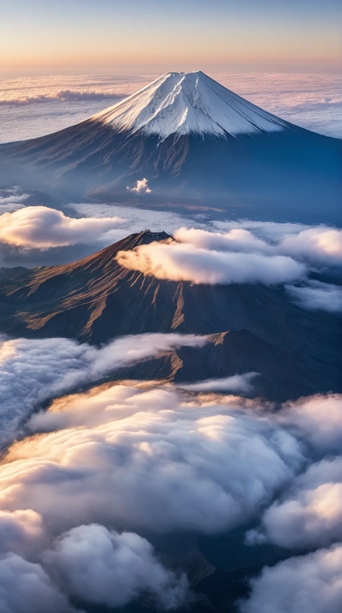 A breathtaking aerial view of Mount Fuji at sunrise, with a sea of clouds covering the lower landscape, soft golden light illuminating the peak, ultra-detailed, hyper-realistic, photorealistic colors, 8K resolution