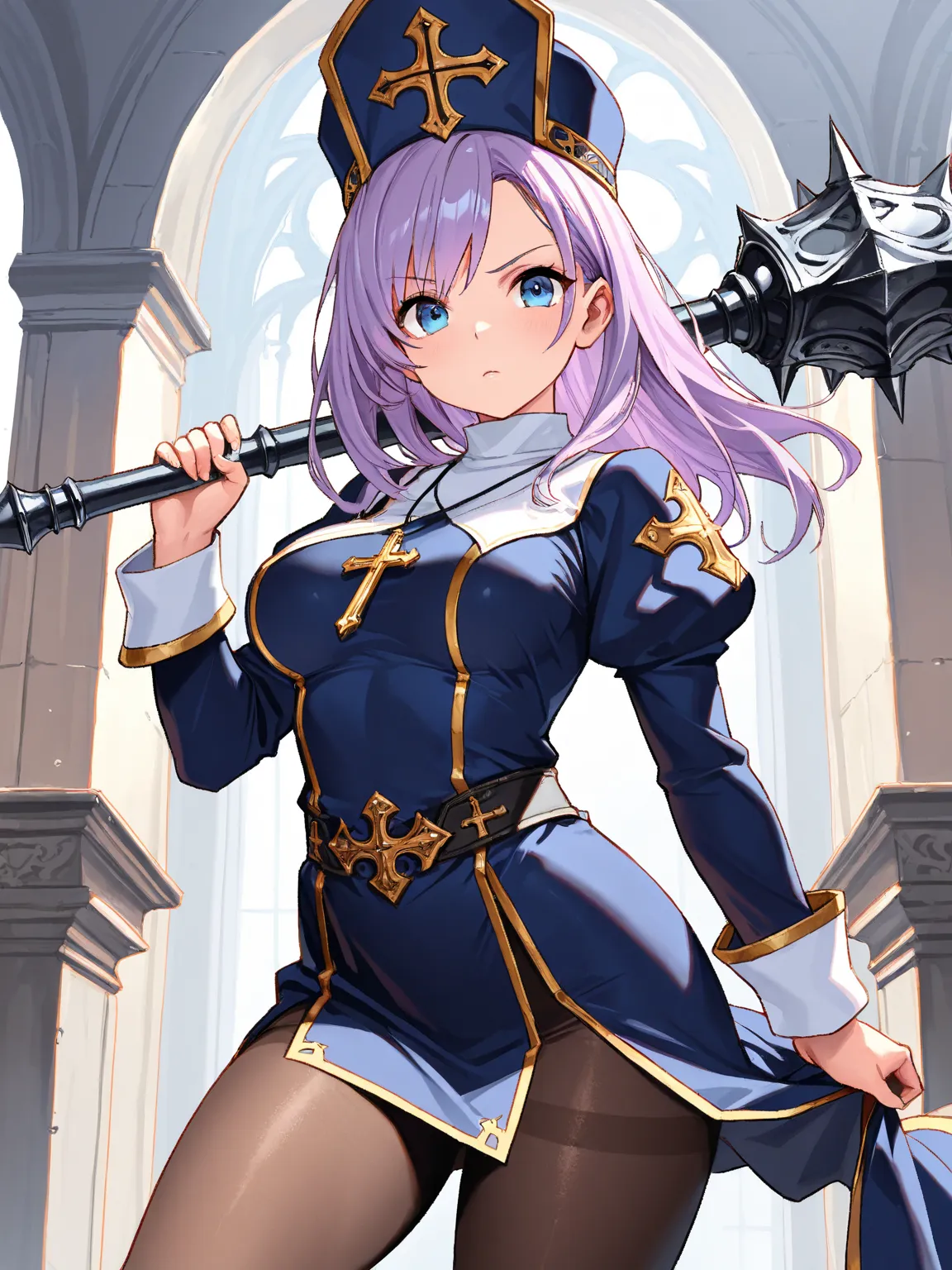 8k,masterpiece, best quality, ultra detailed, high resolution, super fine illustration, extremely detailed CG, intricate, professional quality, cowboy shot,looking at viewer,1girl, solo,gal, blue eyes, purple hair, medium breasts,fantasy, priest,hat,cross ...