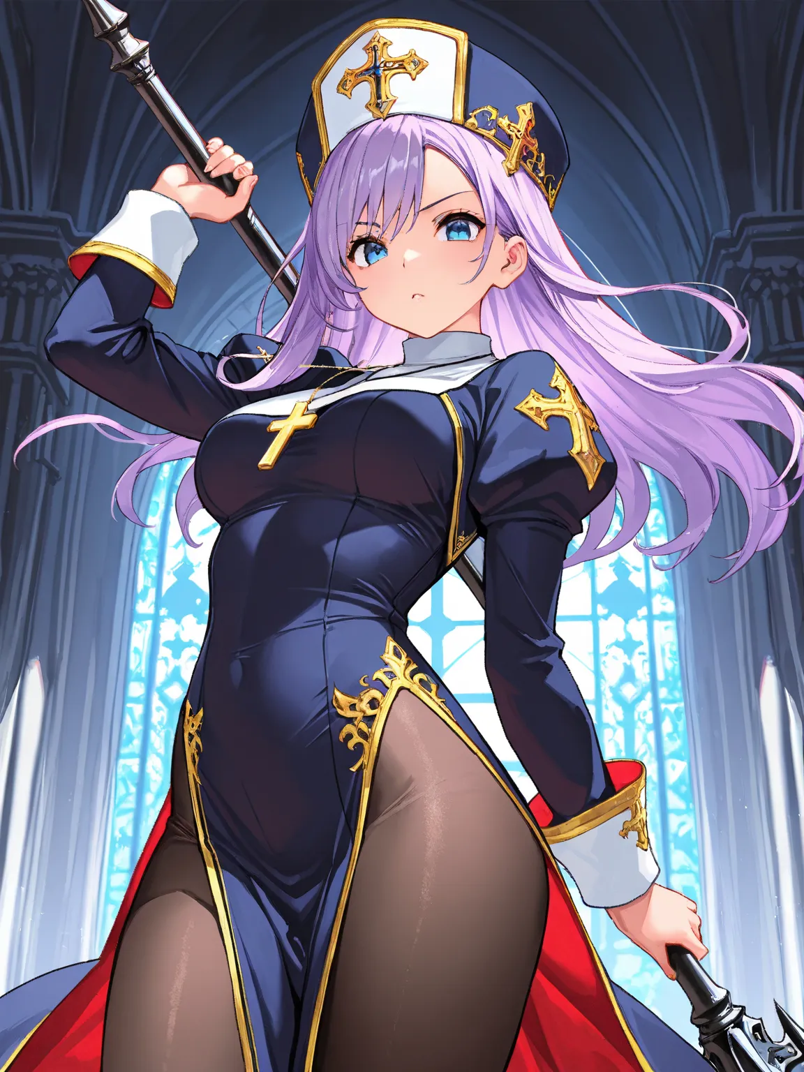 8k,masterpiece, best quality, ultra detailed, high resolution, super fine illustration, extremely detailed CG, intricate, professional quality, cowboy shot,looking at viewer,1girl, solo,gal, blue eyes, purple hair, medium breasts,fantasy, priest,hat,cross ...