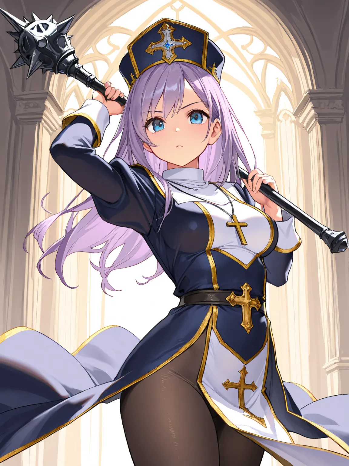 8k,masterpiece, best quality, ultra detailed, high resolution, super fine illustration, extremely detailed CG, intricate, professional quality, cowboy shot,looking at viewer,1girl, solo,gal, blue eyes, purple hair, medium breasts,fantasy, priest,hat,cross ...