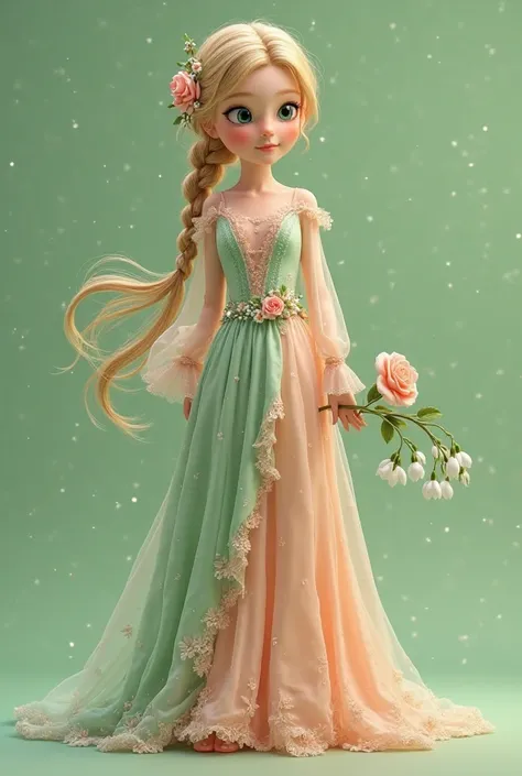 Full screen image in 3D format. Green background without shades or shadows. Spring fairy girl in Venetian style with blond hair braided in a braid and flowers in her hair with nylon peach and pistachio inserts and transparent sleeves dress with roses in ha...