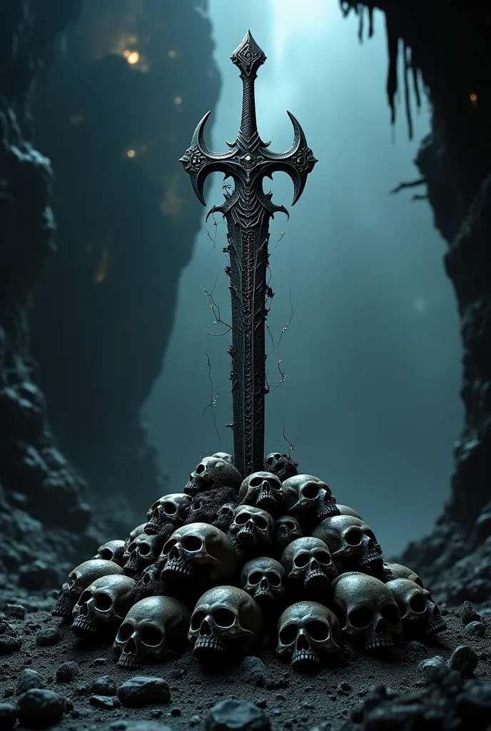 Make me a picture of a sword that looks possessed by demons , On a pile of skulls . The skulls should be in the foreground and the background should be something like a cursed cave .

