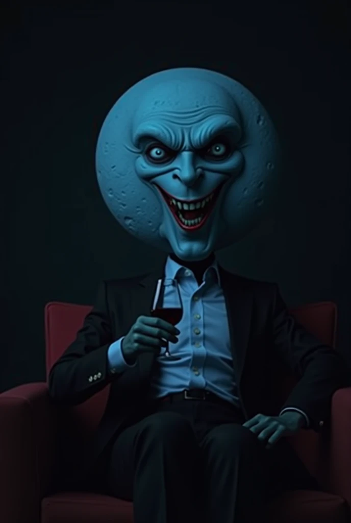 full moon head shape man angry evil scary laughing face wearing suit and neck tight holding a glass of wine in hand sitting on red couch , laughing , villain , black lip , horror 