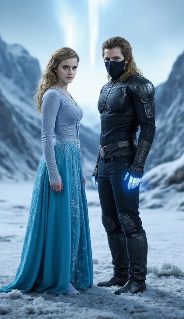 Scene Description:
Elsa and Sub-Zero stand facing each other, their intense gazes locked onto the camera, exuding power and charisma. The setting is a breathtaking, frost-covered landscape with a blurry, ethereal background of snow-capped mountains and a g...