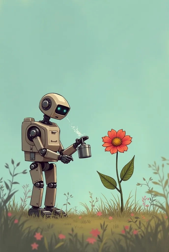 Alright, here's a short story in 5 lines, perfect for a quick animation:
 * A tiny robot finds a single, wilting flower.
 * It carefully gathers spare parts, and tinkers.
 * With a whir and a click, the robot builds a small watering device.
 * The flower d...