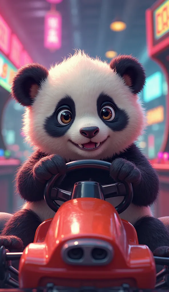 “Arcade Madness: Press All the Buttons!” 🎮🕹️ (Baby panda sitting in a race car arcade machine, paws on the wheel, looking determined.)

