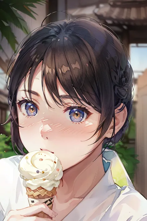 there is a woman eating an ice cream cone in a park, eating ice - cream, eating ice cream, kimi takemura, portrait of a japanese , chiho, shikamimi, young cute wan asian face, aoi ogata, ice cream, close up iwakura lain, kotegawa yui, of a youthful japanes...