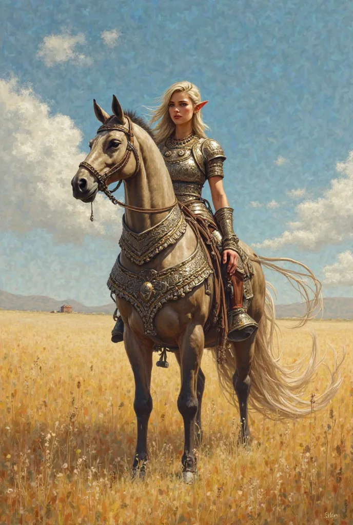 Oil painting of a confident female centaur warrior in ornate armor, standing in a golden field under a blue sky with scattered clouds. She has pointed ears and a determined expression.