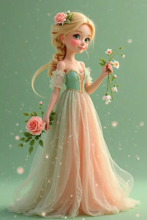 Full screen image in 3D format. Green background without shades or shadows. Spring fairy girl in Venetian style with blond hair braided in a braid and flowers in her hair with nylon peach and pistachio inserts and transparent sleeves dress with roses in ha...