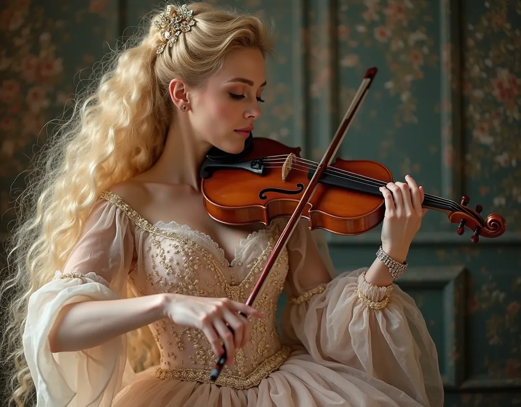 photo realistic picture. close up,  Spectacular blonde with long, curly Victorian hair in a luxurious long fluffy dress, beautiful anotomous forms .  A lady plays the violin 