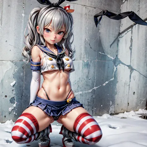 Kashimaze, shimakaze \(kancolle\) \(cosplay\), serafuku, sailor collar, sleeveless, underboob, bowtie, crop top overhang, midriff, elbow gloves, gloves,  microskirt, highleg panties, (black panties), striped thighhighs,