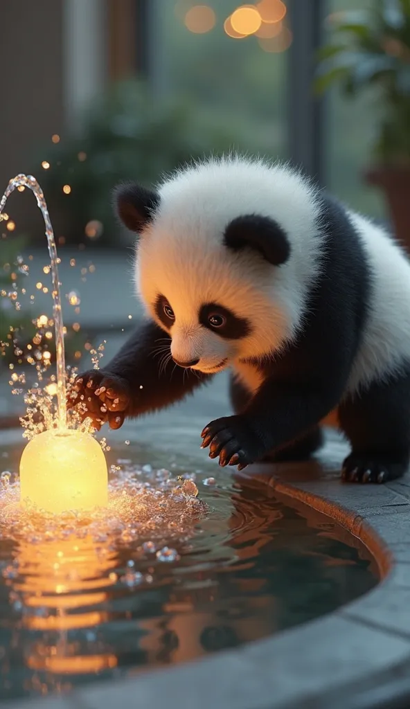 “Fountain Fun: Too Tempting to Resist!” ⛲💦 (Baby panda dipping its paw in a glowing indoor fountain, fascinated by the ripples.)

