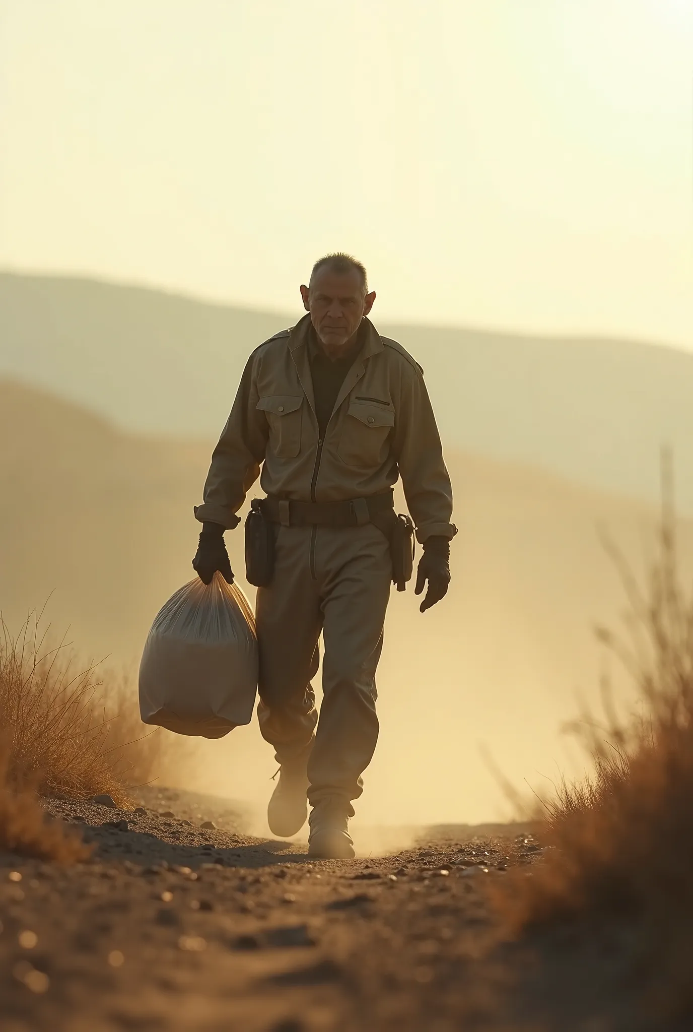 Bagger walking in dusty morning