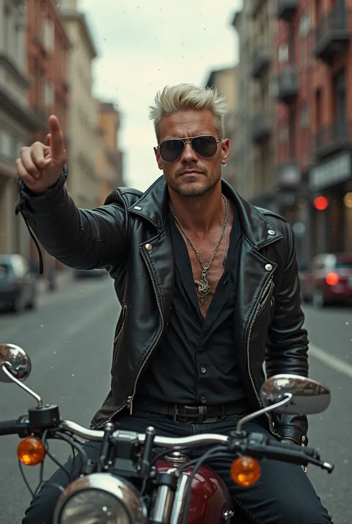 Create super-realistic, super-detailed, 128K, 3D image with enhanced colors and details ,high fashion photo, A muscular platinum blond guy hard rocker  with a clean face and sunglasses sitting on his harley davidson gritty urban setting gives the rock sign...