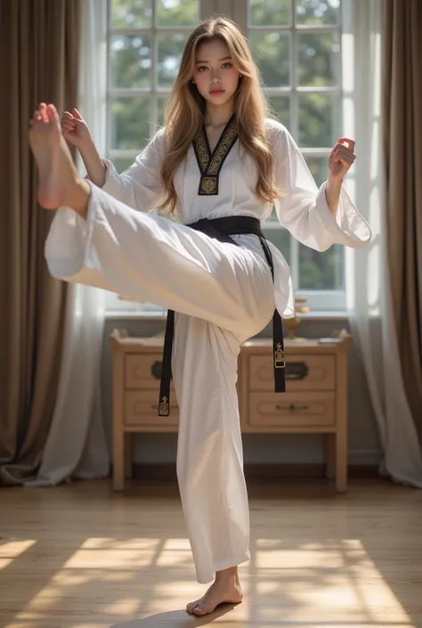 (realistic picture, high resolution, perfect hands, high quality, 8k), transparent skin on the front, to the waist, Gold hair , silver eyes, Russian babe with lovely big boobs, Attractive lips,  beautiful eyes , Korean taekwondo uniform, I'm doing a side k...