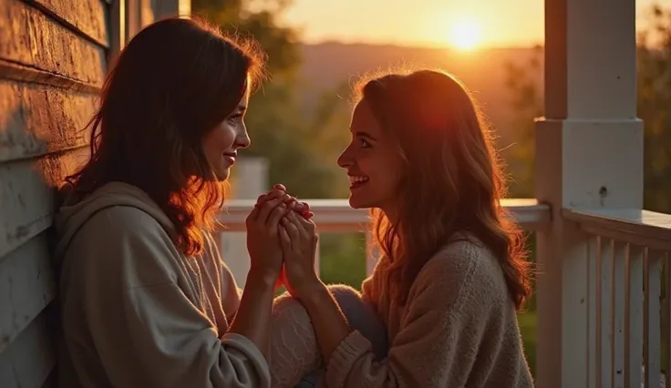 A peaceful evening porch setting. Two women sit close together, fingers intertwined. One (brunette, wearing a hoodie, slightly teasing smile) leans back against the porch railing, while the other (shoulder-length wavy hair, wearing a soft sweater, looking ...