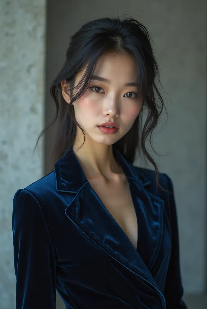 22-year-old Japanese woman wearing a navy blue velvet hood, Navy blue velvet top and dark blue velvet bottom, anatomically accurate、slim model body、 Hair、 taken in a photo studio by a professional photographer、perfect picture