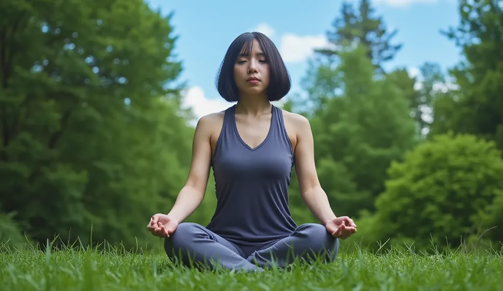  black haired bob、Picture of a woman meditating 、Background is blue々Scenery of the forest