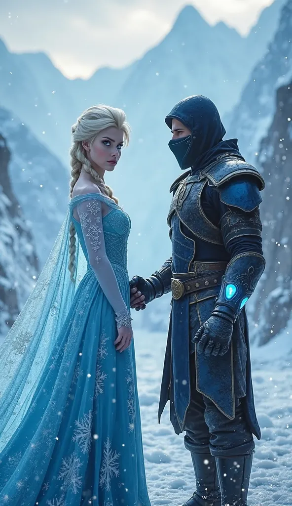 Scene Description:
Elsa and Sub-Zero stand facing each other, their intense gazes locked onto the camera, exuding power and charisma. The setting is a breathtaking, frost-covered landscape with a blurry, ethereal background of snow-capped mountains and a g...