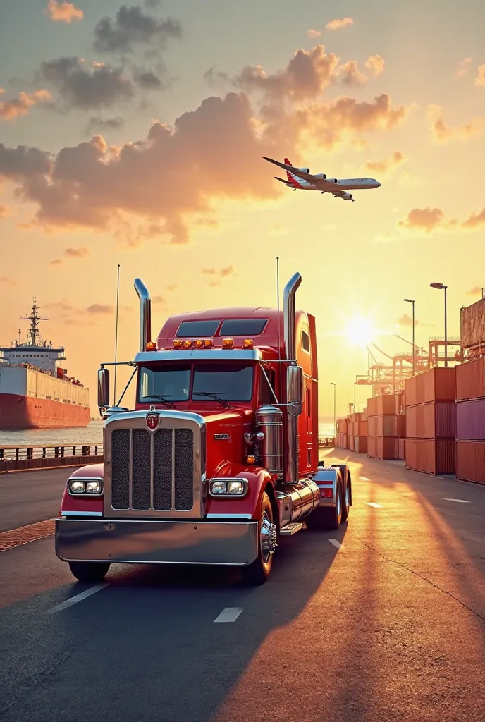 A red truck on the road with a cargo ship and a plane in the background during sunrise with containers in the port 