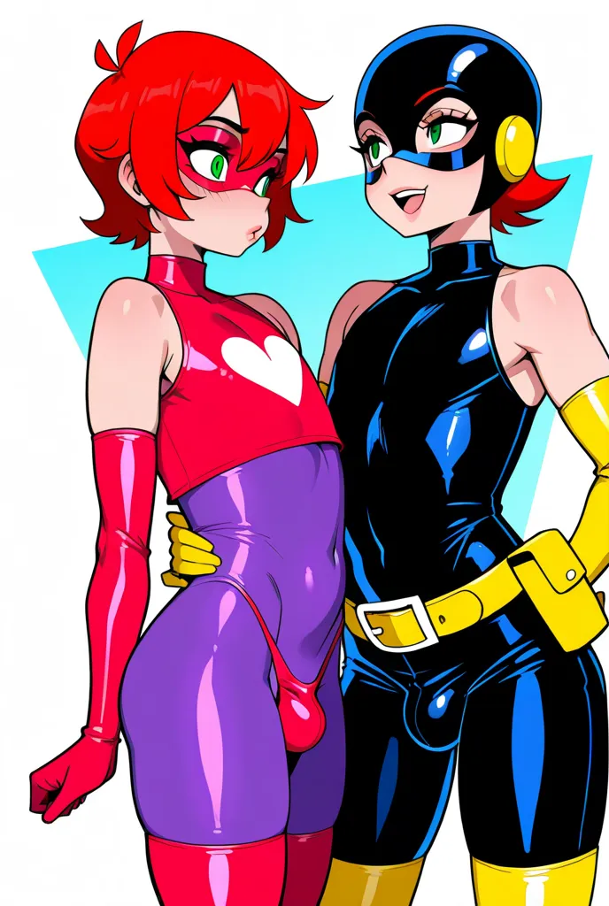 emboy, trap, crop top, flat chest, (Bulge), (((boy,femboy, femboi, otoko no ko))), ultra-detailed, beautiful, best quality, thigh high socks, short hair,femboy, thin waist, cute guy, sexy guy,1woman,red hair,green eyes,batmask,domino mask,purple bodysuit,y...