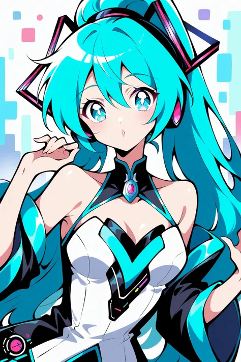 (has the best quality, sketch:1.2),practical, illustration designer  ,cunning，  mealioff  ,1 girl,   Hatsune Miku  ， delicate lips , hand， strapless， Neon long hair  ,  high ponytail green  ，  masterpiece,  This style is very retro, DJ.Emphasize outlines、s...