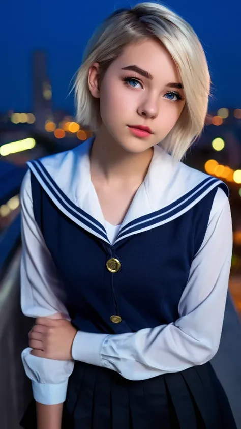 A beautiful high school girl with short blonde hair and sharp, expressive eyes, wearing a stylish sailor-style school uniform with a dark blue skirt and a white blouse. She has a confident and energetic expression, standing in a dynamic pose as if ready fo...