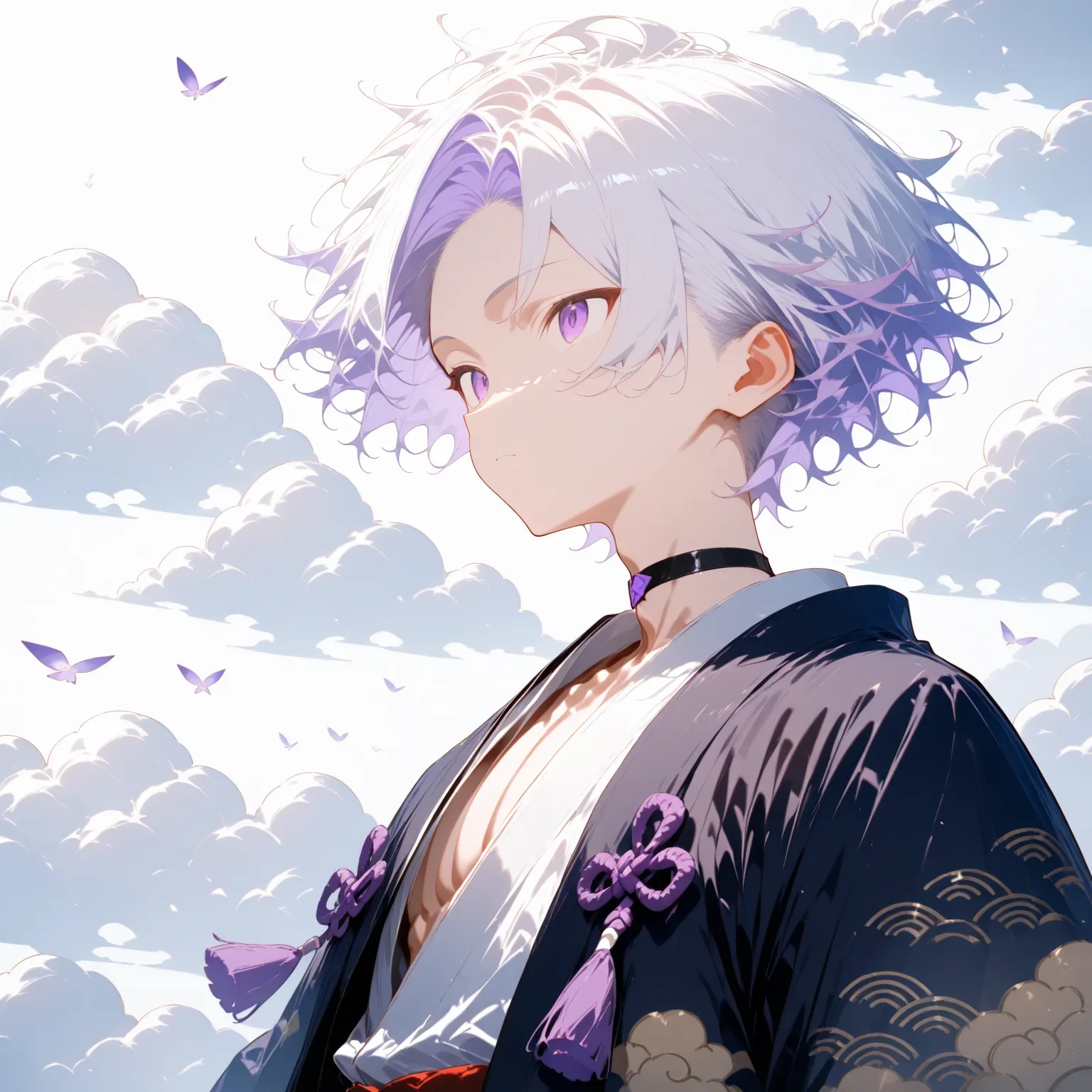 masterpiece, high score, great score, absurdres,
1boy,kabuki,open palmmale focus,upper body,20-yo, クモイエイテル, toned,twink,white hair, side-parted, lilac highlights,purple eyes ,black haori,white kimono,cloud pattern,black choker,open collar shirt,purple knot...