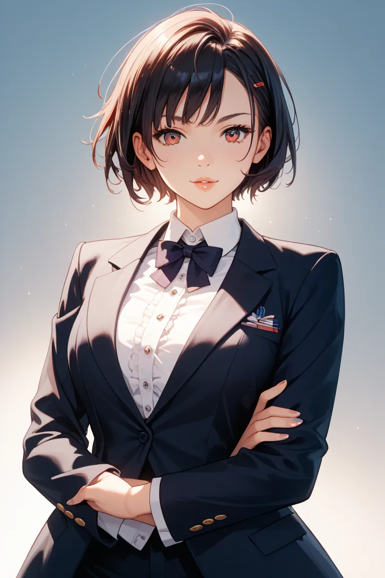 Japanese woman with short hair。Do you have black hair、The tips of the hair are red 。sling。cheeky vibe。They are crossing their arms in a suit。