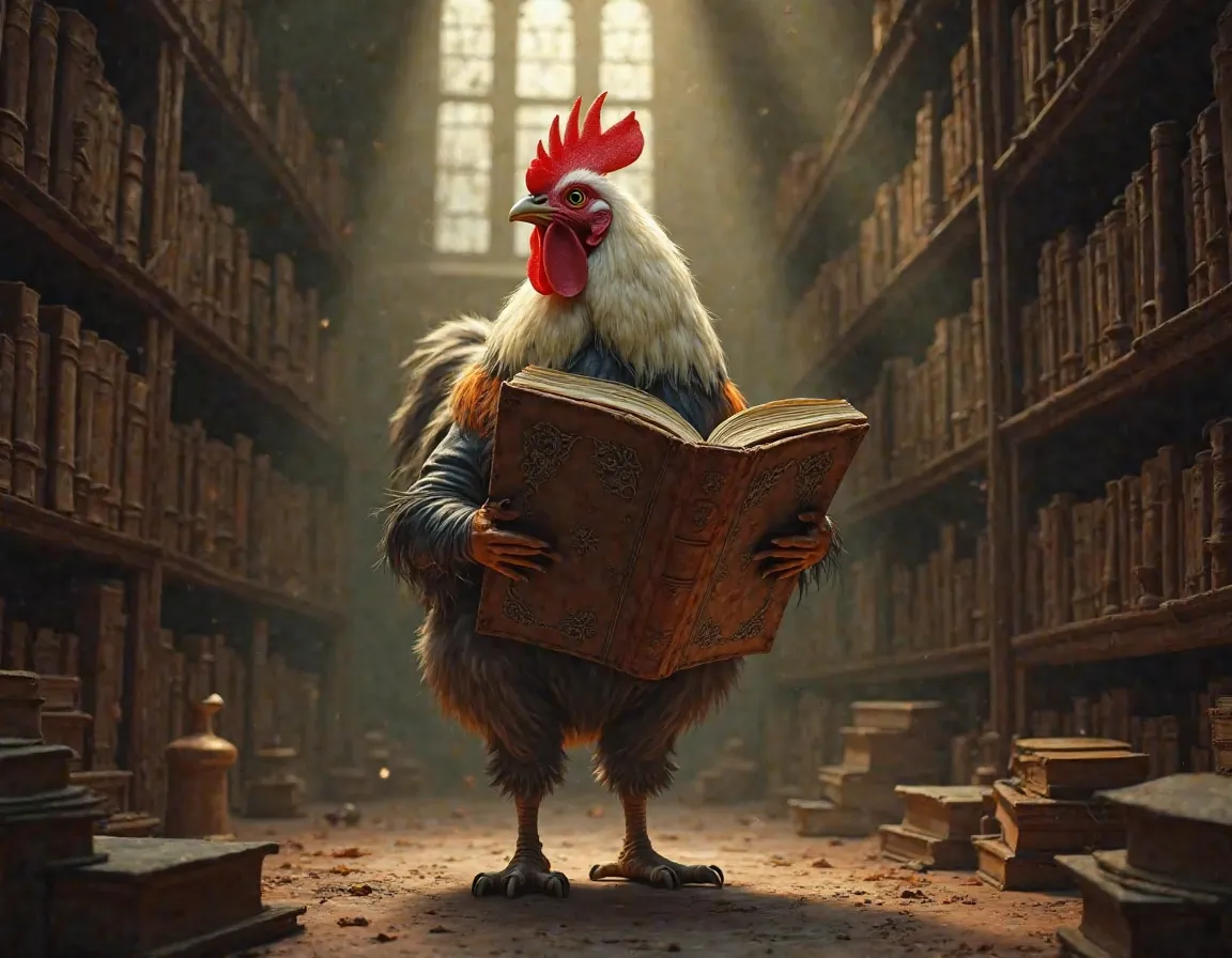 a creature with the body of a book or codex, the head of a chicken or rooster, and human legs