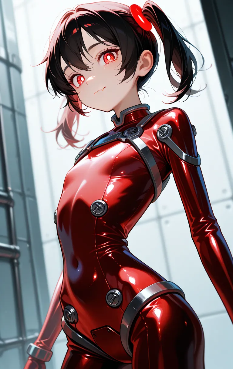 metallic mercury suit, fudou_yuuri_chang, twintails, red eyes, bright pupils, skin fang, flat chest, narrow waist, short, short stature