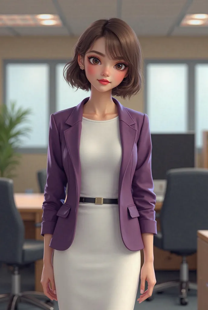 1girl, age 29, office secretary, white t-shirt, purple office jacket, white office pencil skirt, englisg woman, brown short hair, red lips and others makeups