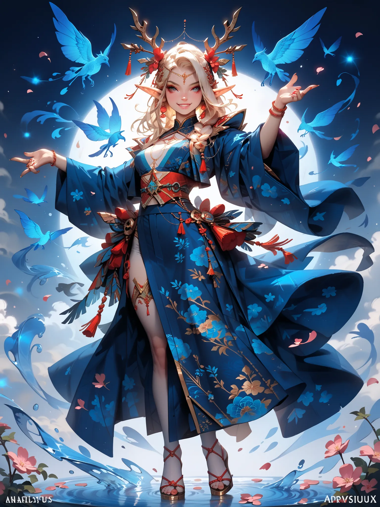 from front, full body, look at viewer,beautiful woman(Deep Smile, Gold,elf ears、supple and linear proportions),(Chanting a spell,dynamic pose,shooting a blue glowing shooting a blue glowing water sphere)。(The finest red silk kimono、lavishly embroidered che...