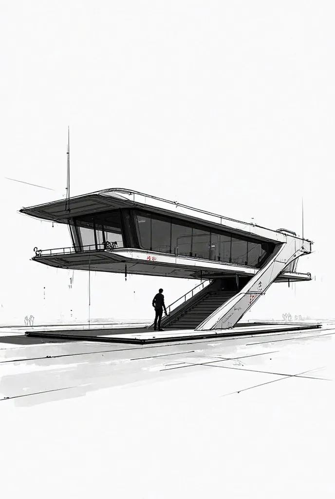 futuristic floating bus shelter. Front view. Dessin. black and white. Marked Strokes