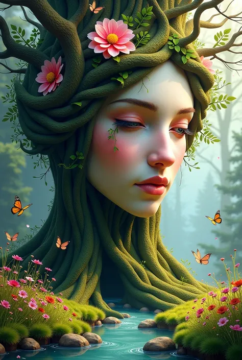 A mystical forest scene featuring a large, intricately designed face of a woman emerging from a tree, with her hair transformed into branches and vines, adorned with flowers and butterflies. The background depicts a serene landscape with a gentle stream wi...