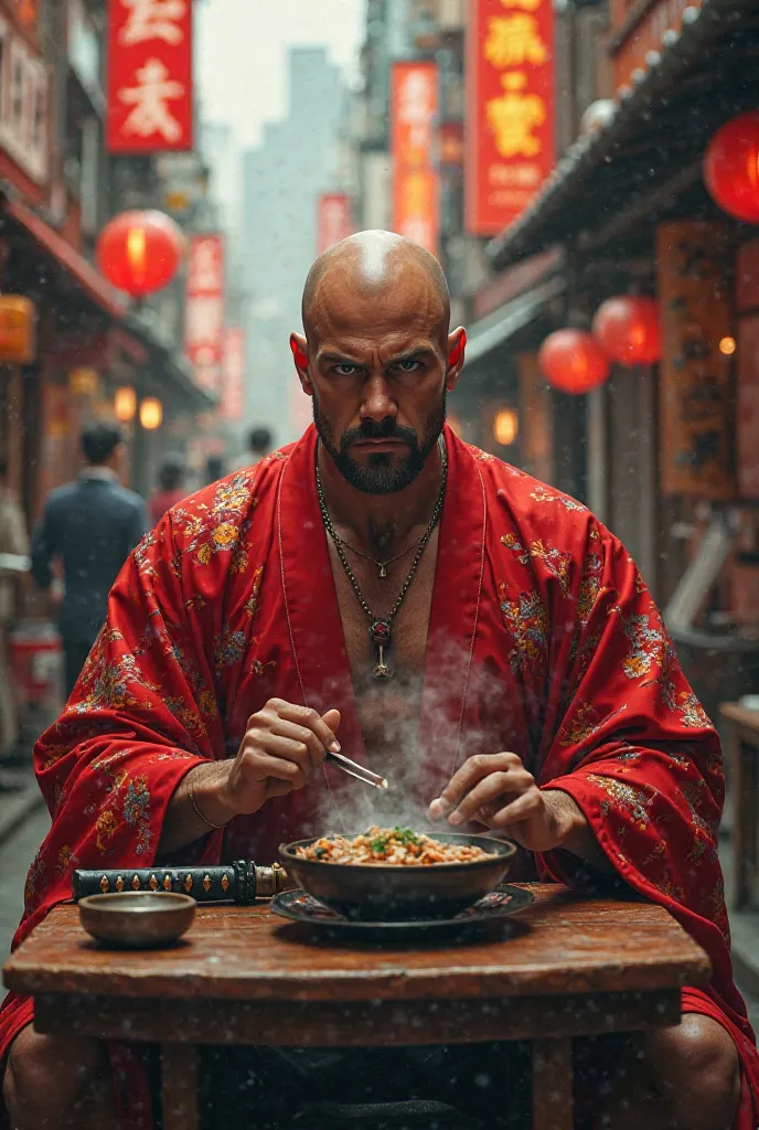 Sexy American bald man wearing red kimono and sword dines on the streets of Japan 